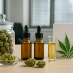 A display of cannabis products including jars of flowers, dropper bottles, and oil in a glass container, with a leafy ca
