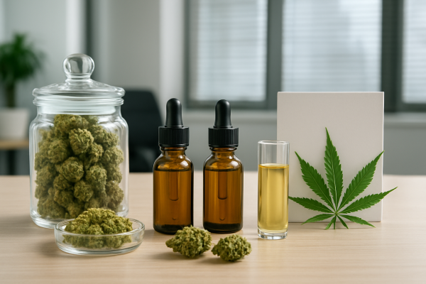 A display of cannabis products including jars of flowers, dropper bottles, and oil in a glass container, with a leafy ca
